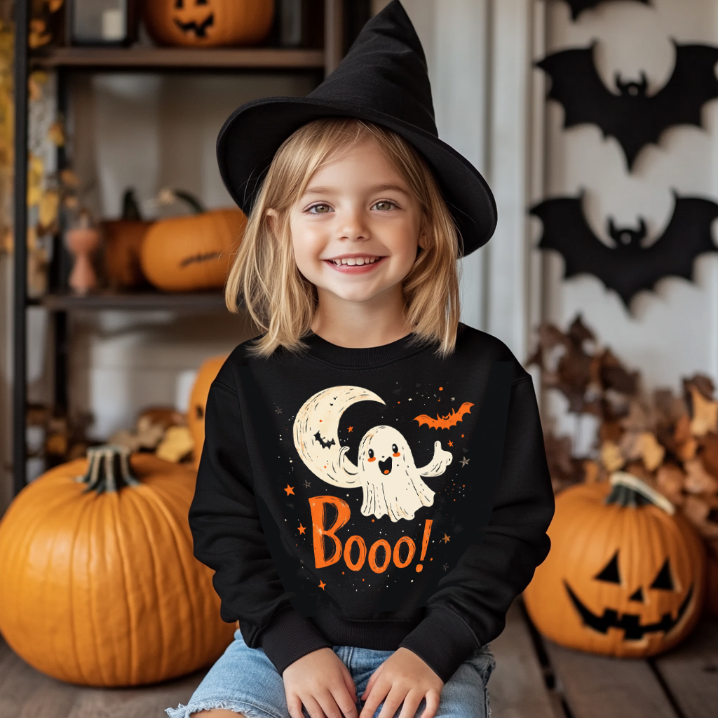Black halloween-themed sweatshirt is perfect for children