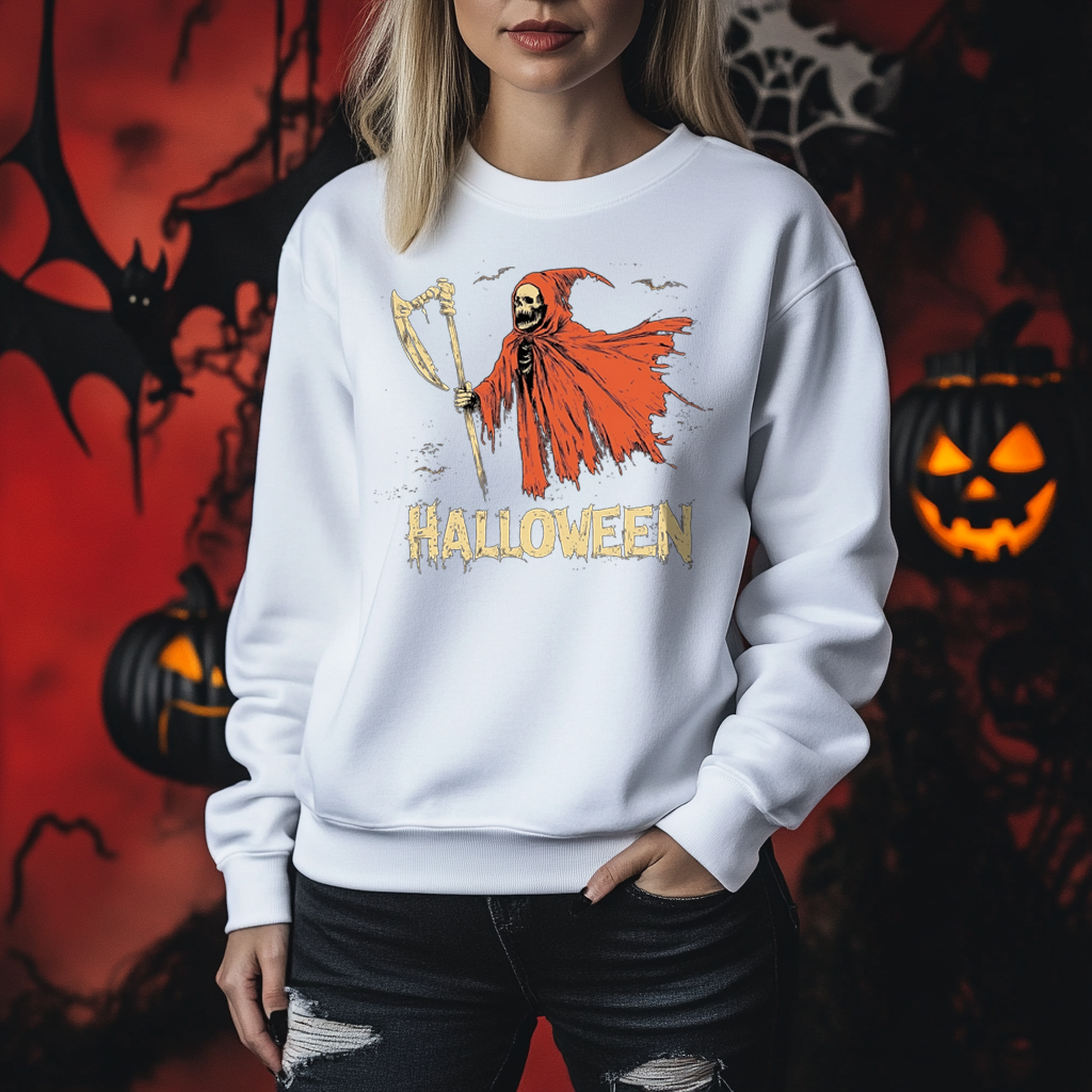 White sweatshirt with a Halloween print for women