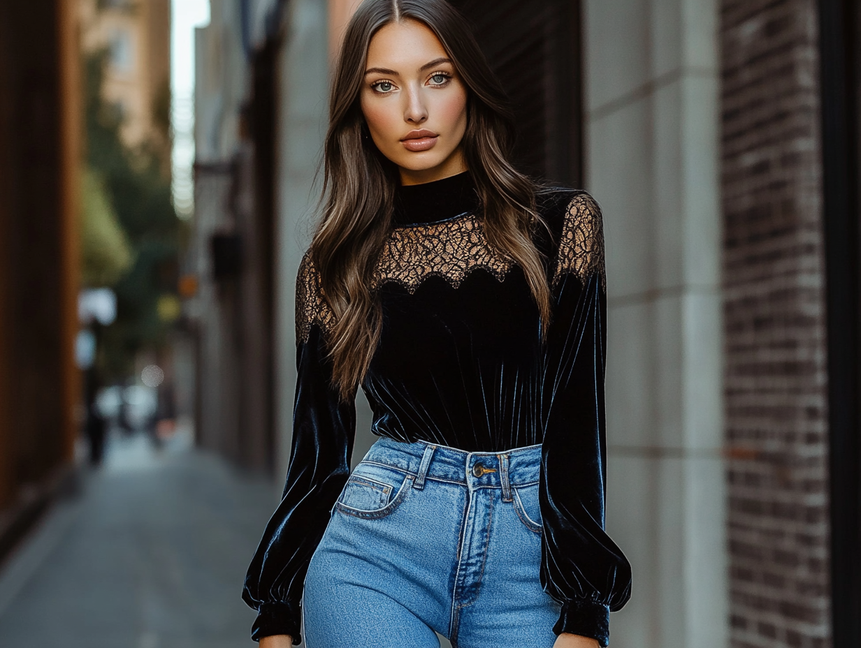 Women black lace long-sleeved top