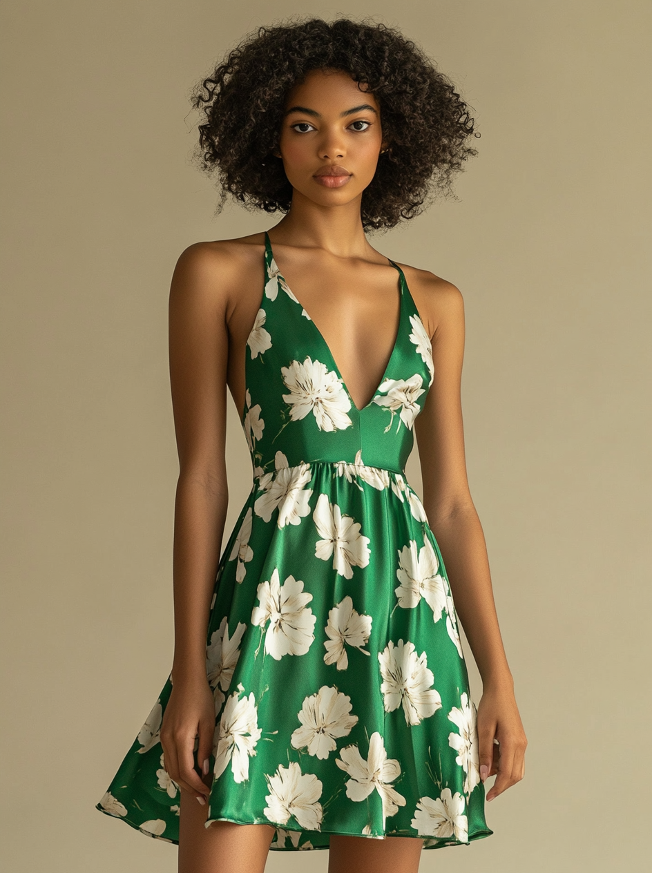 Green floral satin slip dress