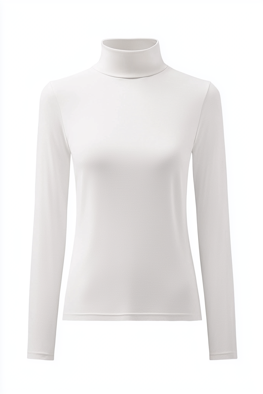 Long-sleeve white top features a sleek design and high neckline