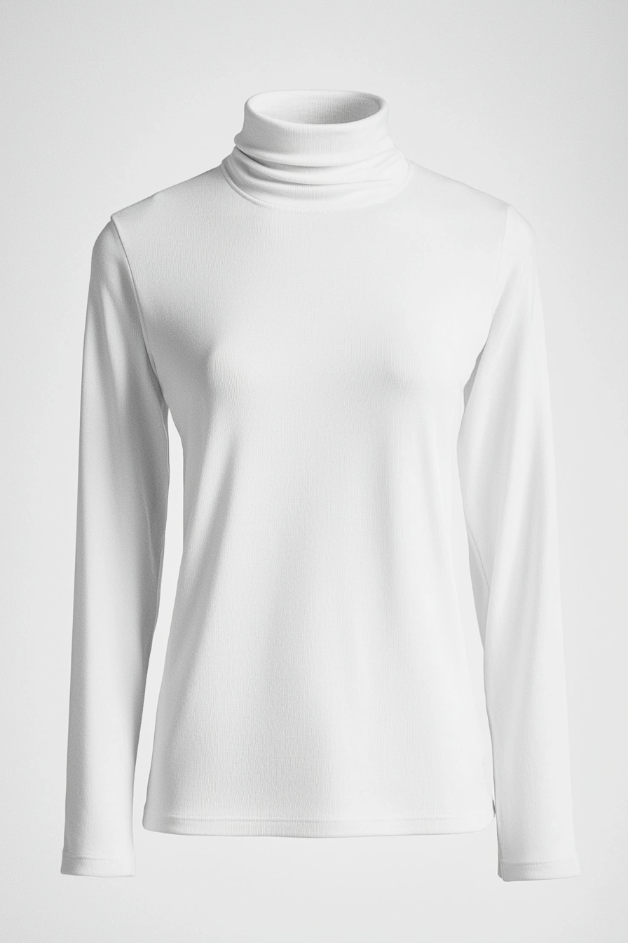 Long-sleeve white top features a sleek design and high neckline