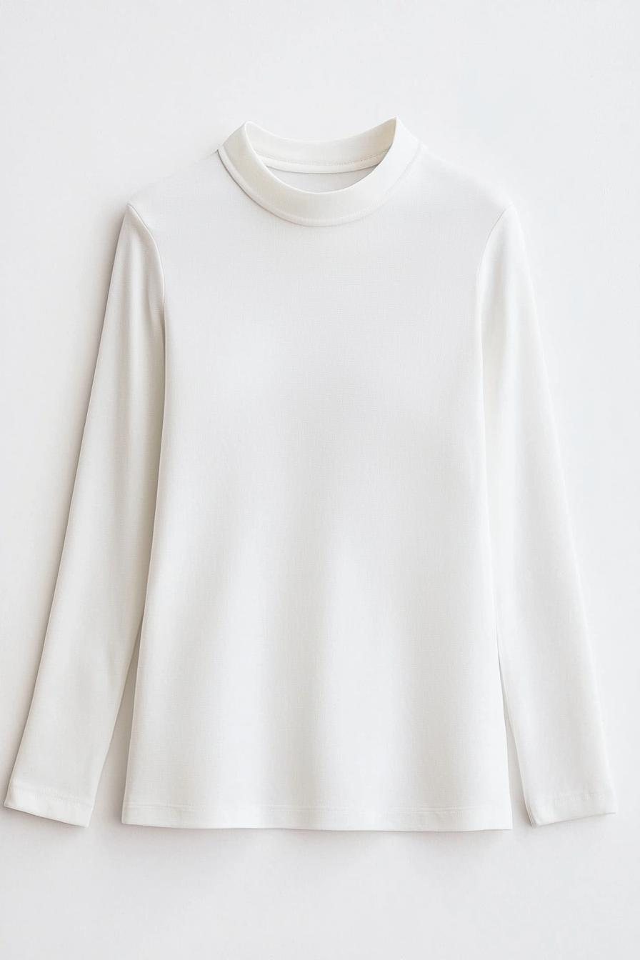 Long-sleeve white top features a sleek design and high neckline
