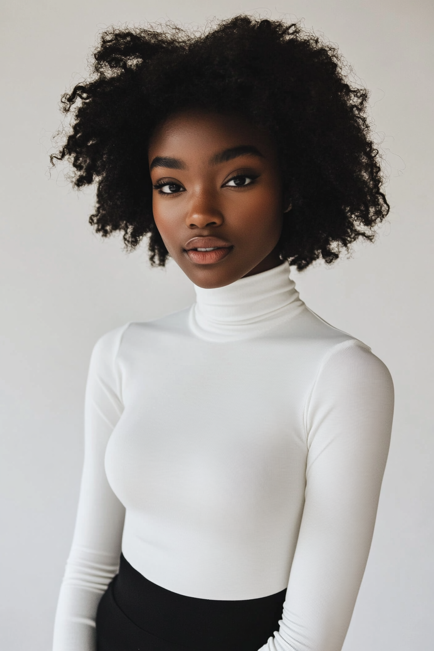 Long-sleeve white top features a sleek design and high neckline
