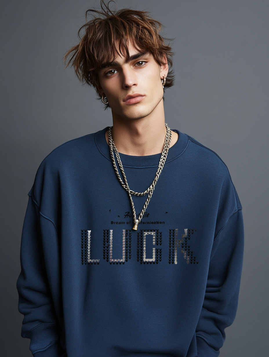 Men's navy blue sweatshirt features a stylish dual-tone print