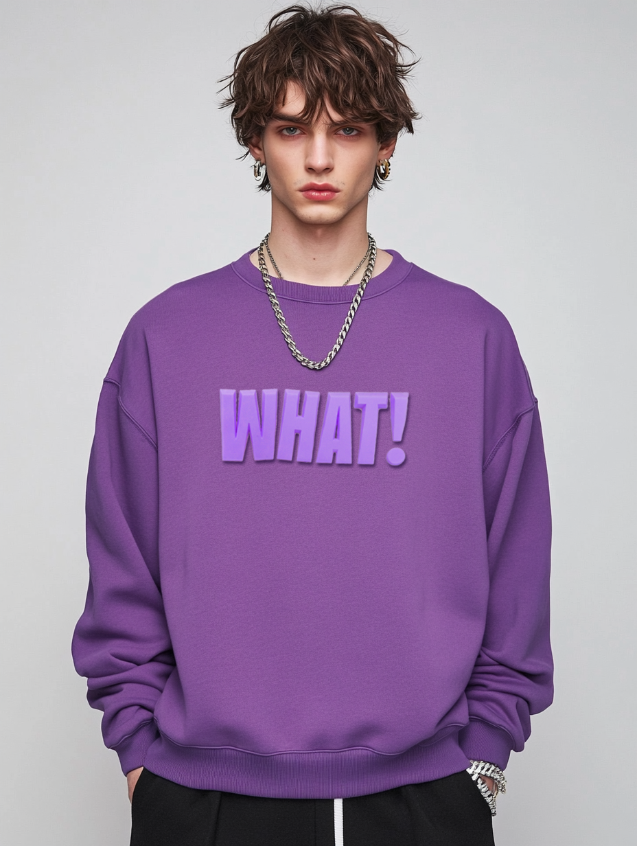 Purple sweatshirt for men features a 3D silicone letter print