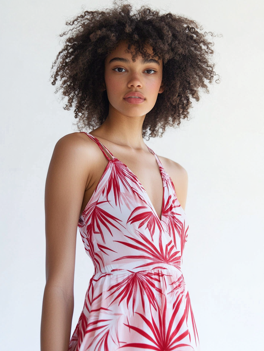 Summer dress combines beautiful blush pink and red palm prints