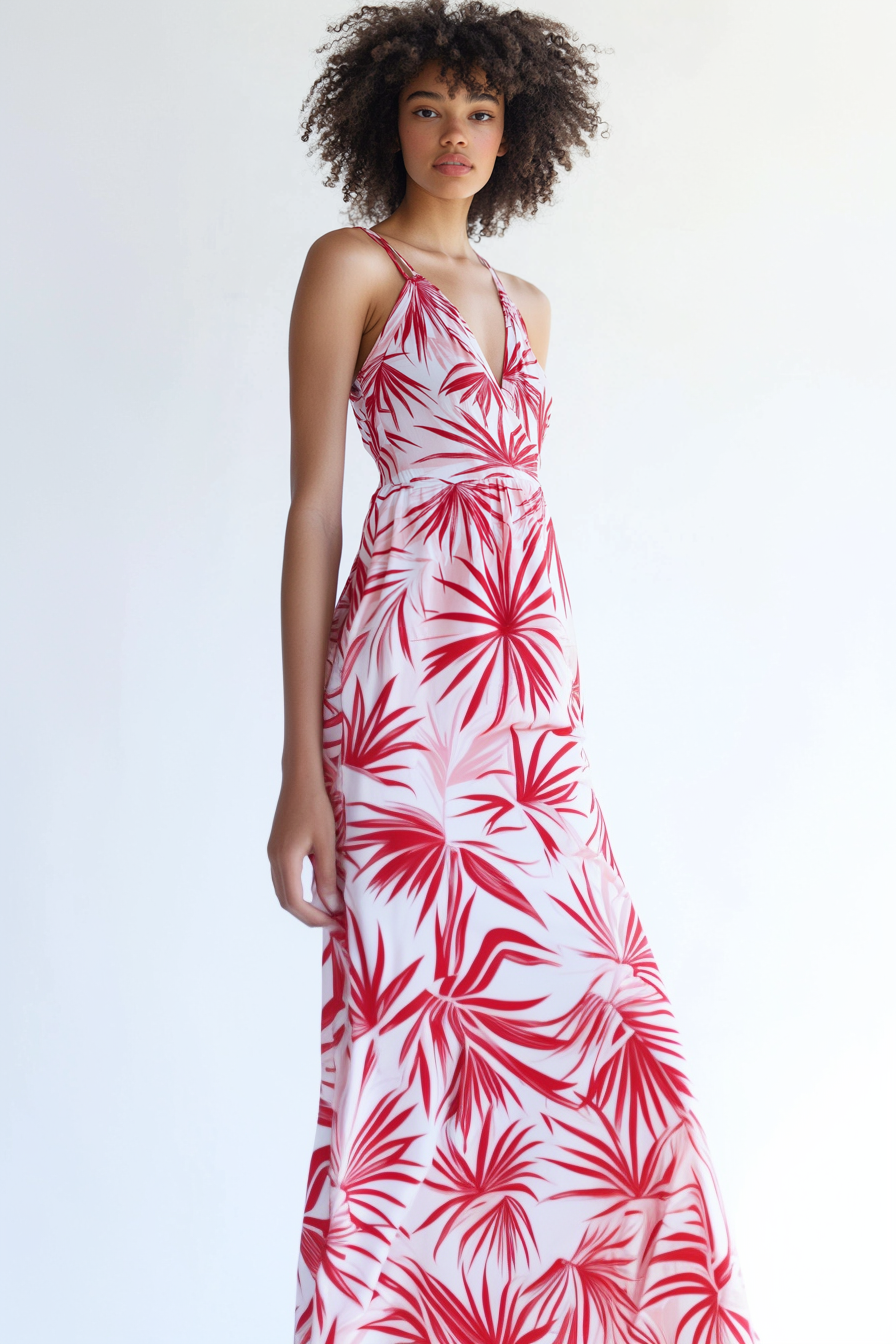 Summer dress combines beautiful blush pink and red palm prints