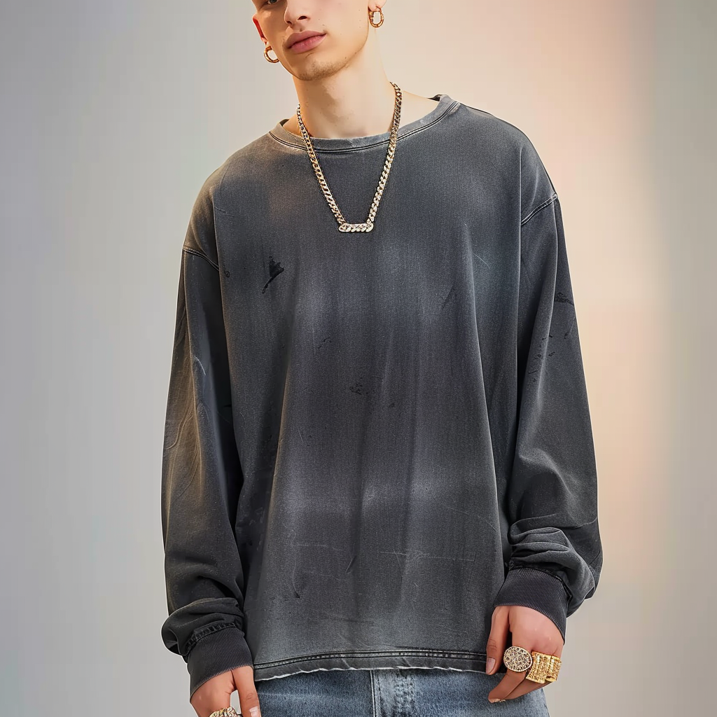 Men's long-sleeved shirt features a vintage distressed design