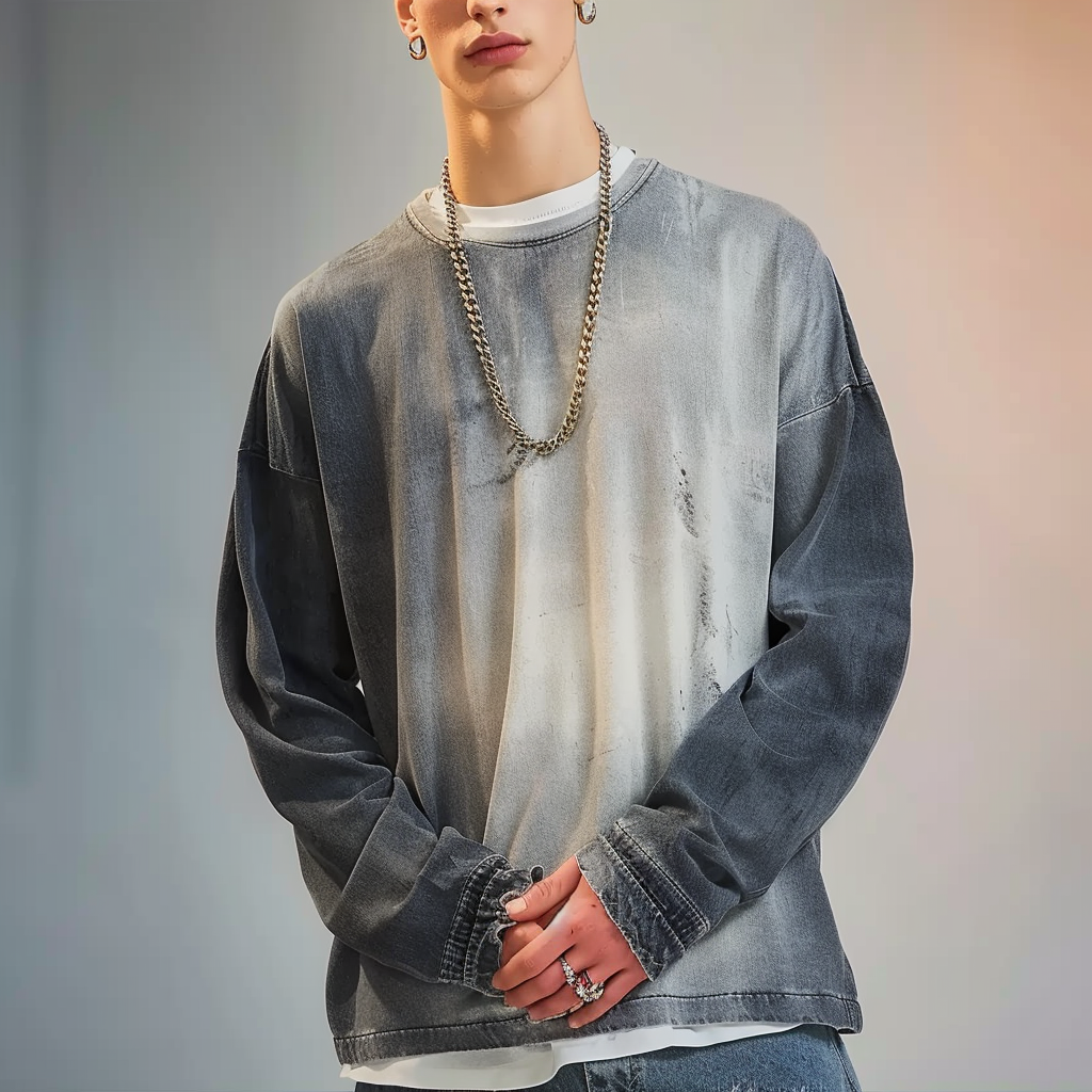Men's long-sleeved shirt features a vintage distressed design