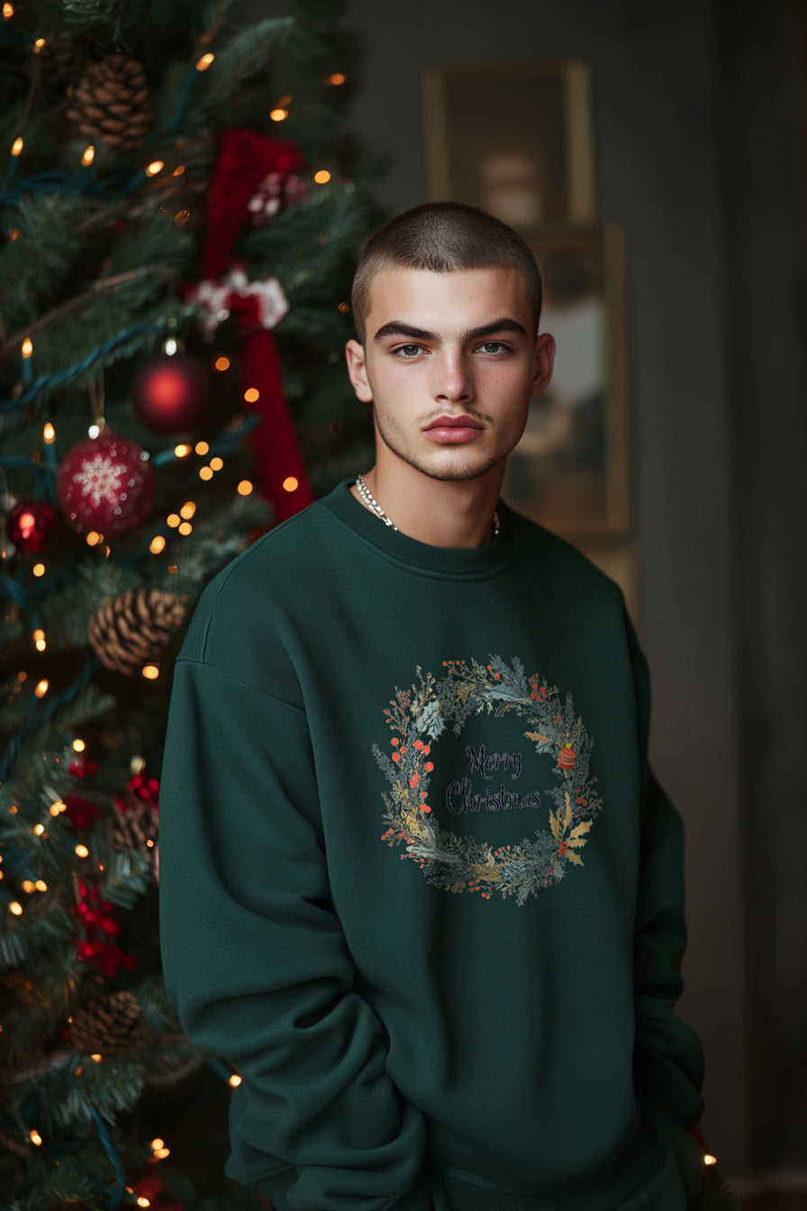 Men's sweatshirt features a Christmas wreath print
