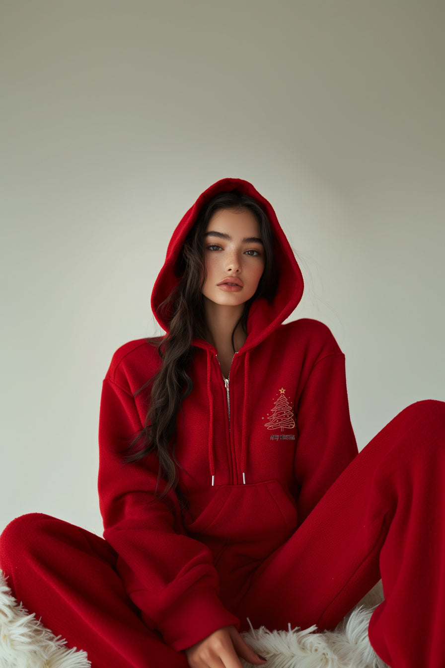 Red zip-up hoodie set features a festive Christmas tree print