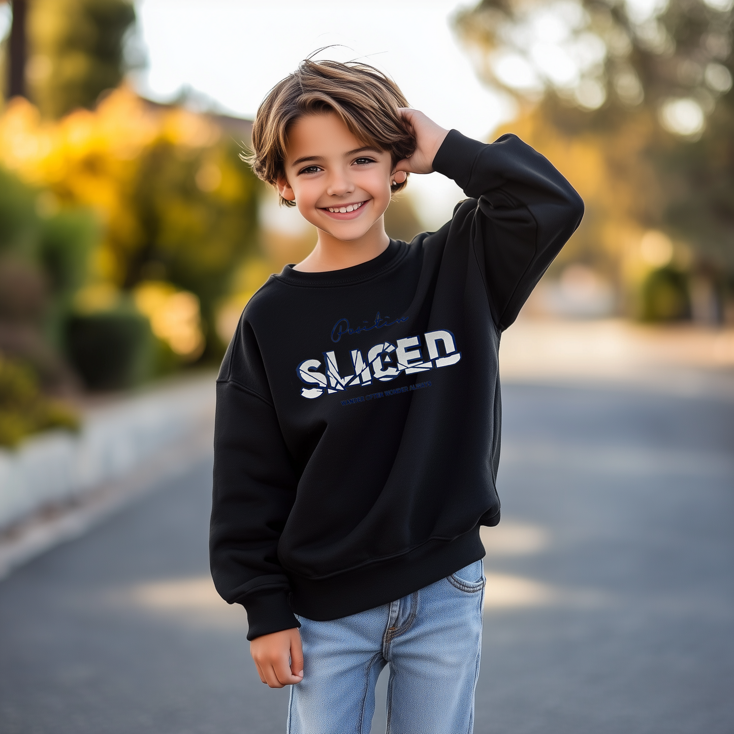 Children's black sweatshirt with metallic print