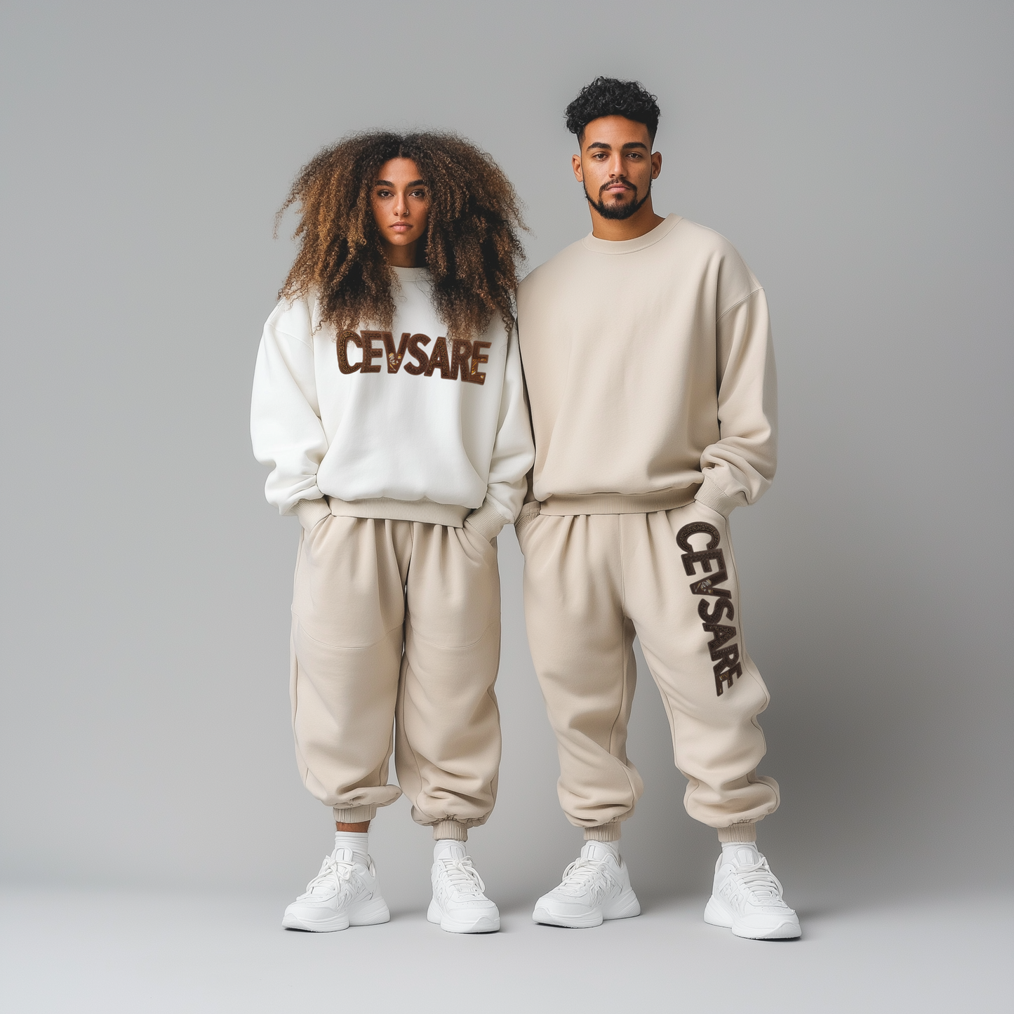 Unisex sweatshirt and sweatpants set features a stylish print design