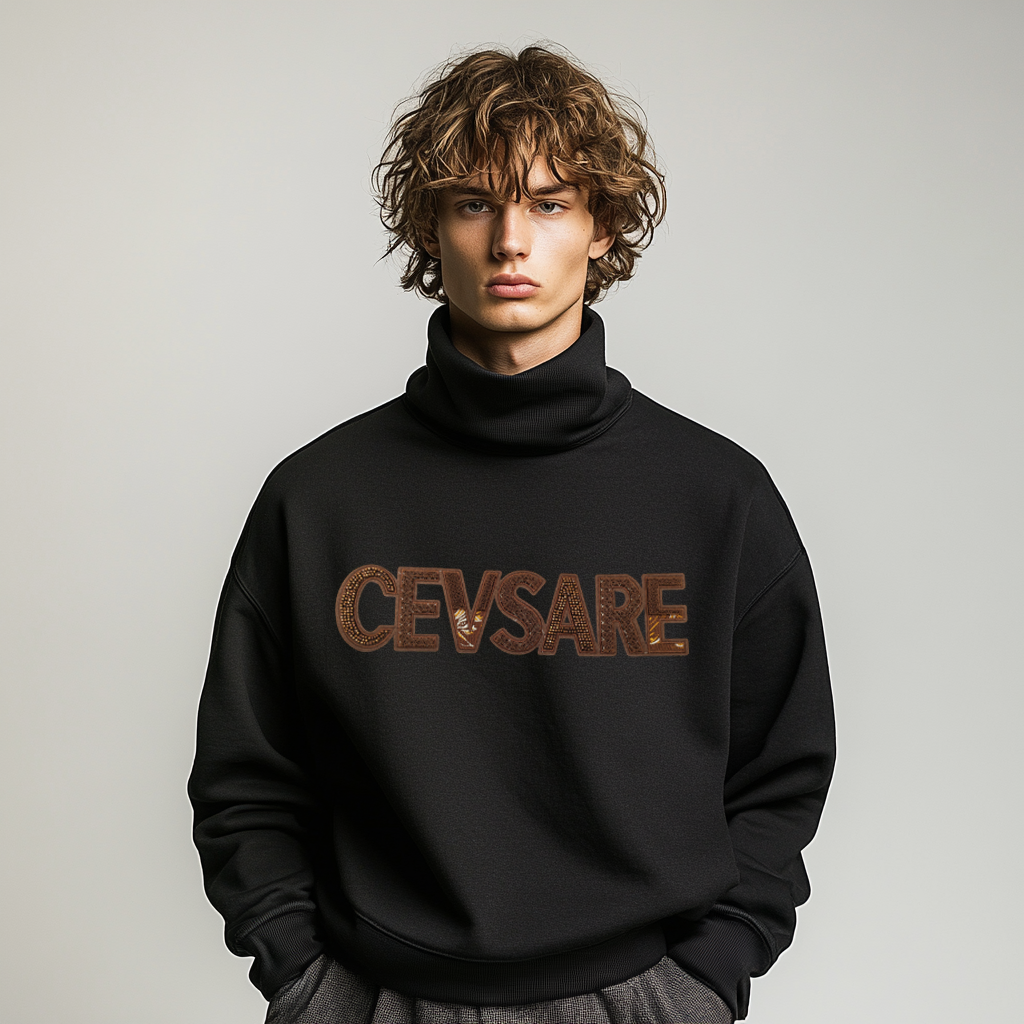 Men's black turtleneck sweatshirt features a stylish print design