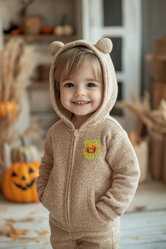 Children's zip-up hoodie set features a spooky pumpkin design