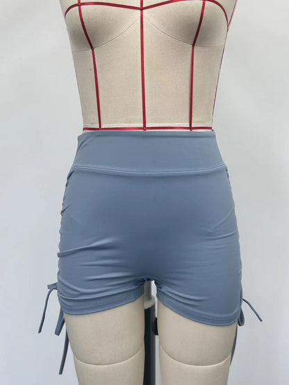 Women's blue drawstring yoga shorts