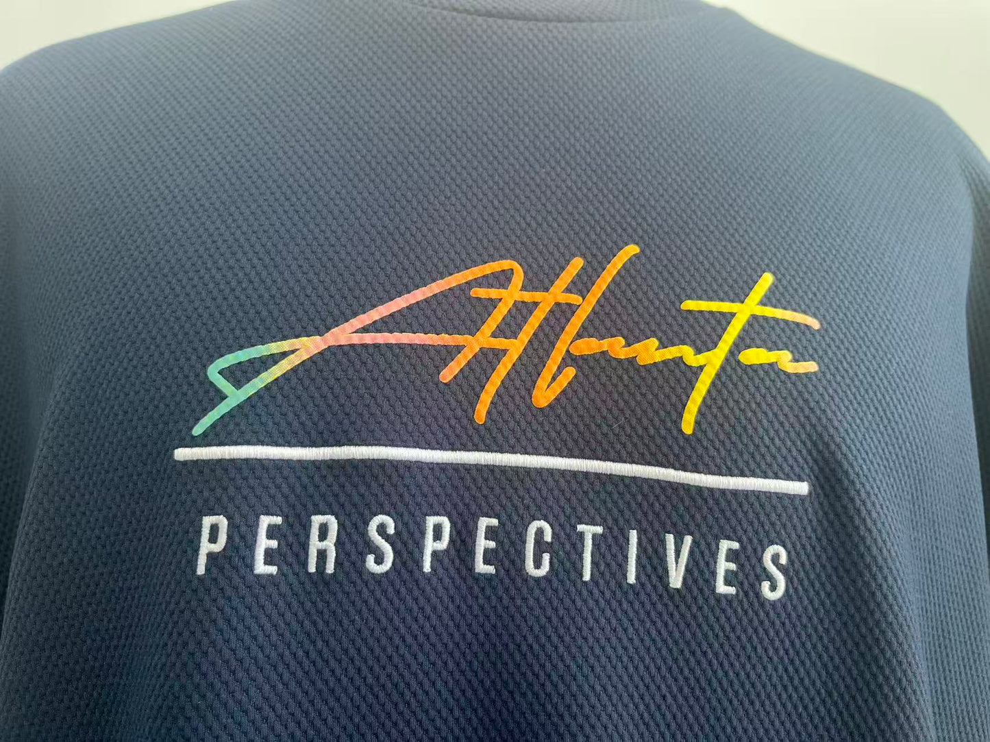 Jacquard fabric men T-shirt with embroidery and Gradient color printing