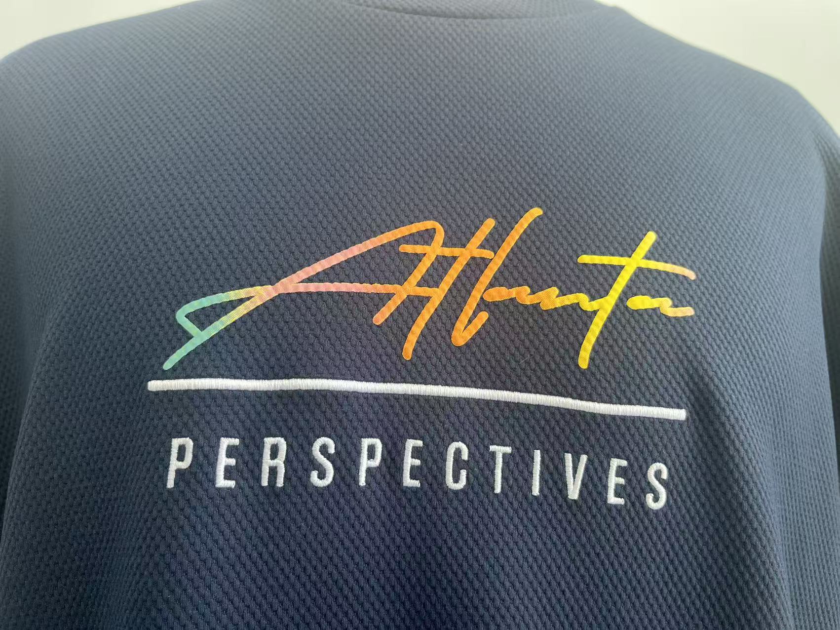Jacquard fabric men T-shirt with embroidery and Gradient color printing