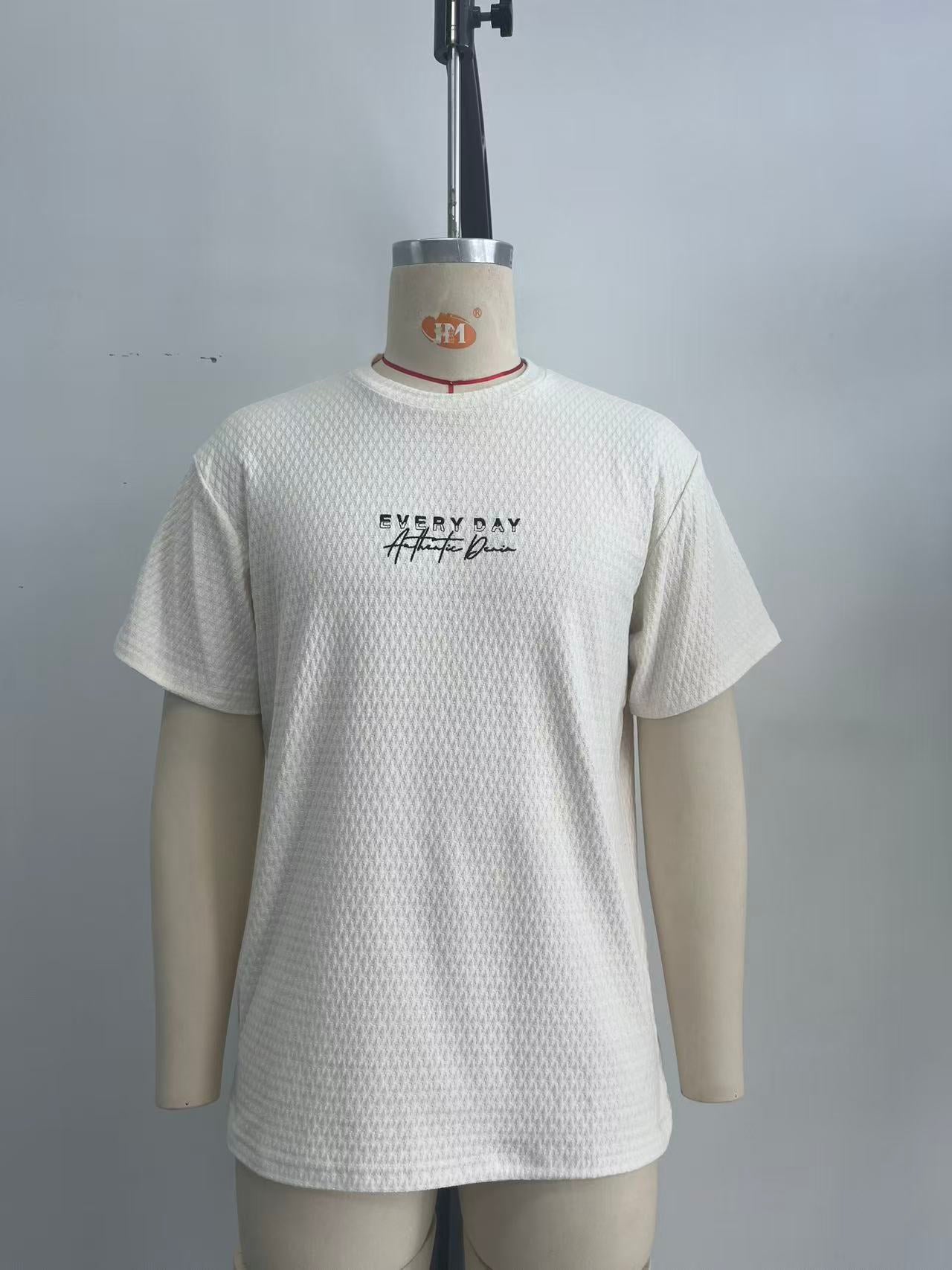 Jacquard fabric men white T-shirt with embroidery