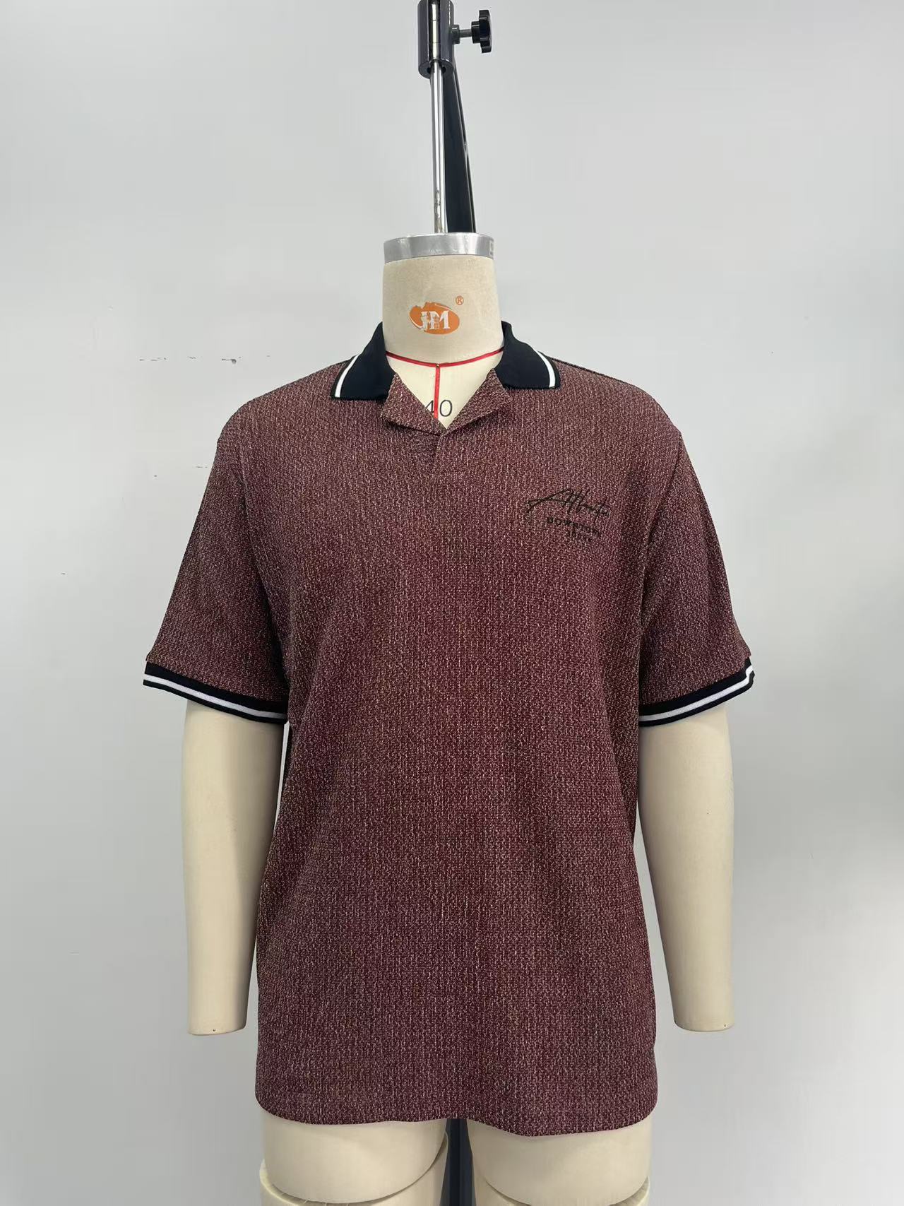 Men's dark red POLO short-sleeved shirt with jacquard fabric