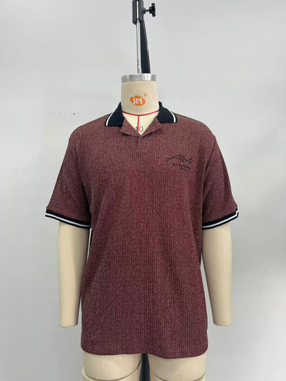 Men's dark red POLO short-sleeved shirt with jacquard fabric