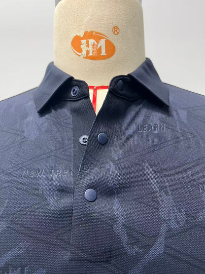 Navy blue men's POLO short-sleeved shirt with jacquard fabric