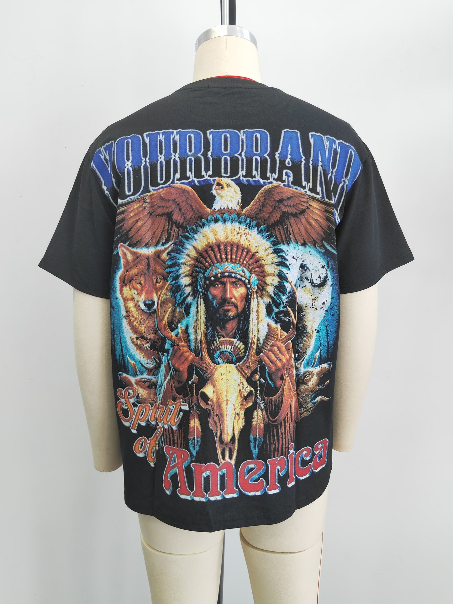 Large -scale print on the front and back of black tshirt