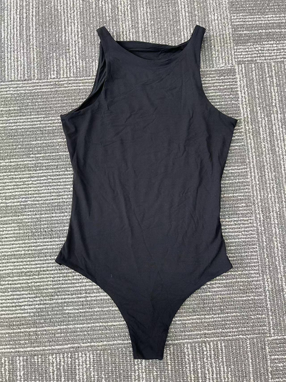 Black sleeveless one-piece swimsuit