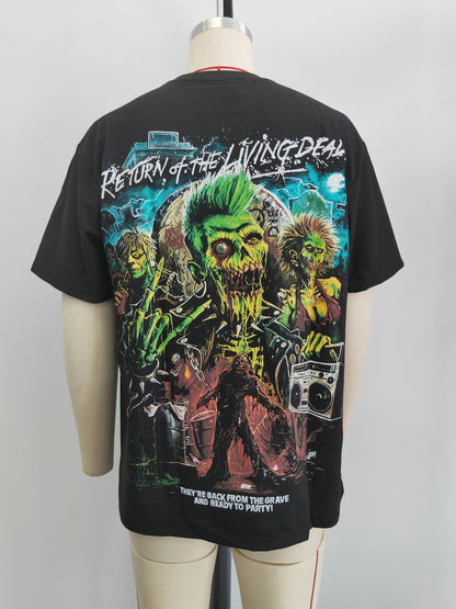 Black T-shirt with a large-scale skull pattern print
