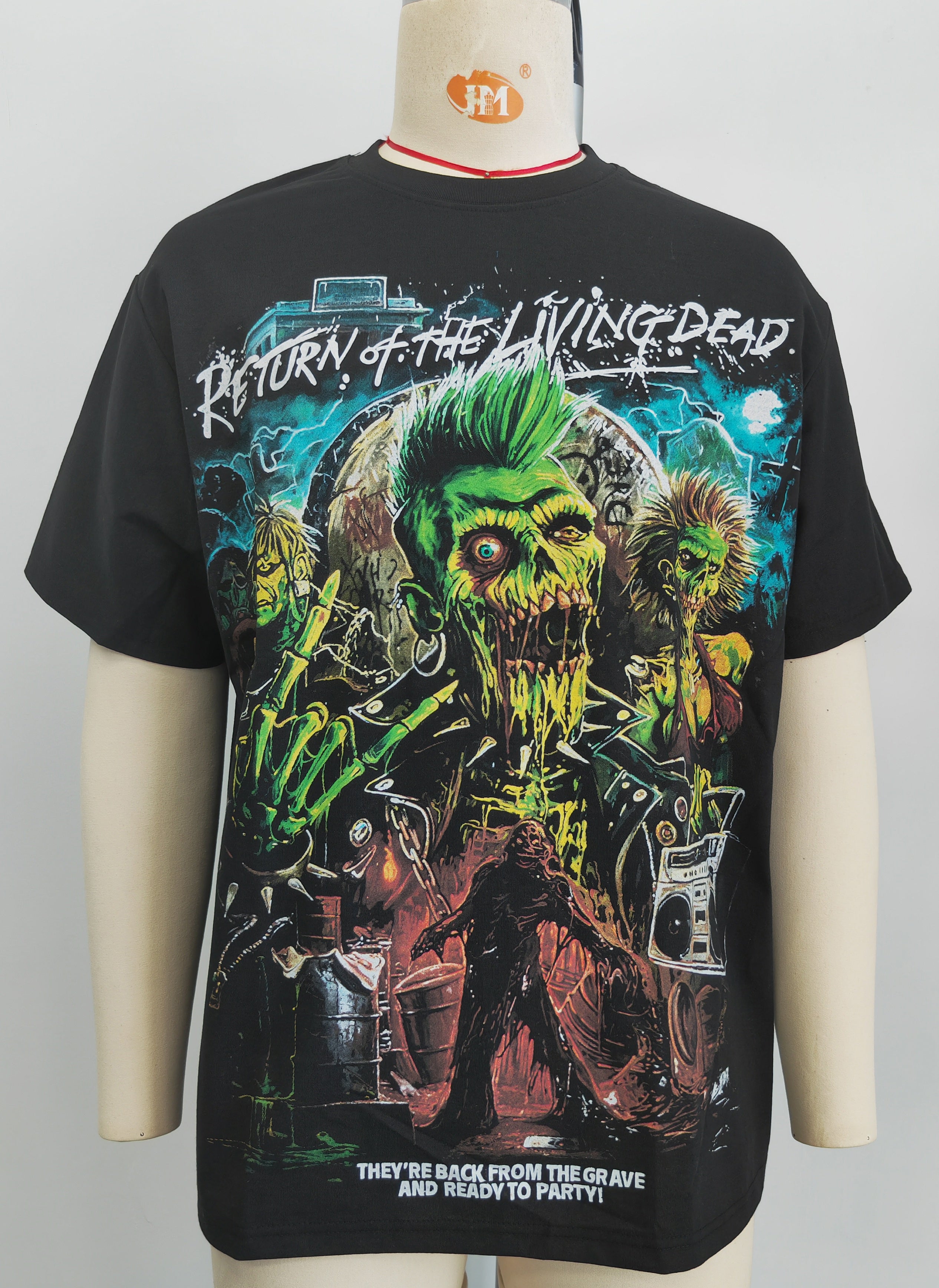 Black T-shirt with a large-scale skull pattern print