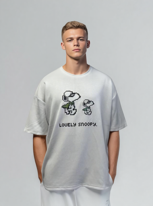 White T-shirt with a Lego-style cartoon pattern print
