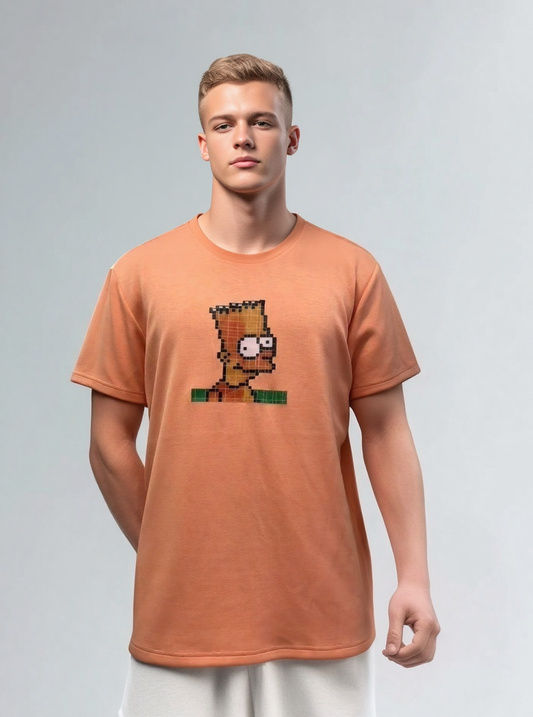 Men orange Tshirt pixel grid print