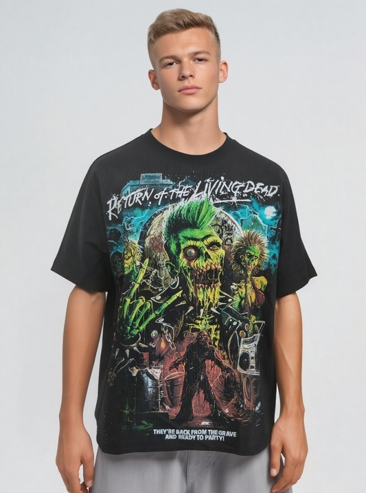 Black T-shirt with a large-scale skull pattern print