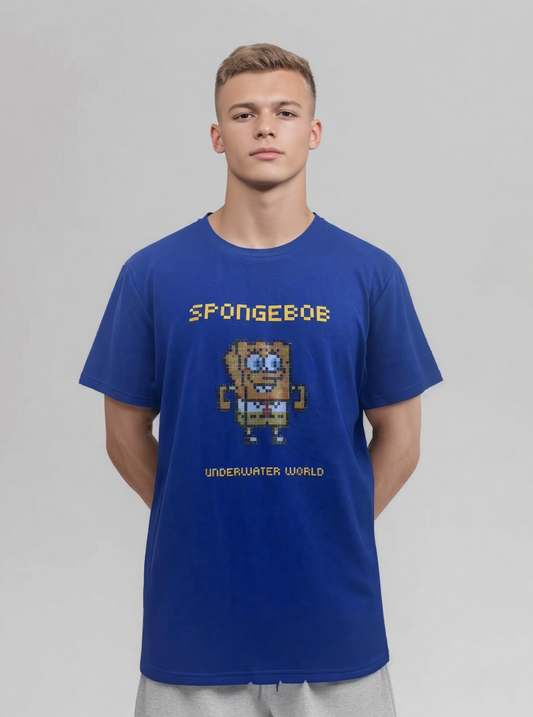 Blue T-shirt with mosaic cartoon pattern print