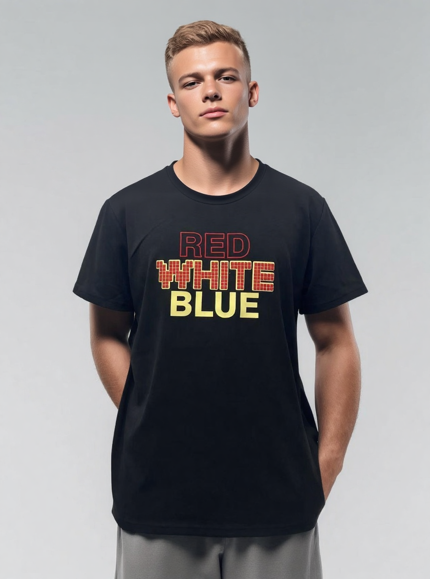 Black tee with Lego checkered letter print