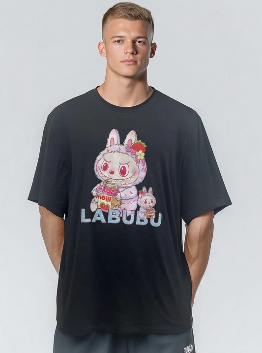 Black T-shirt with cartoon print and rhinestone embellishments