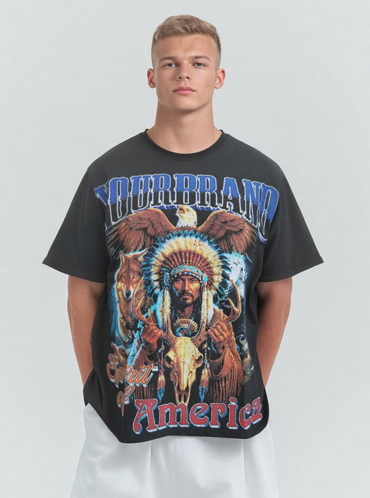 Large -scale print on the front and back of black tshirt