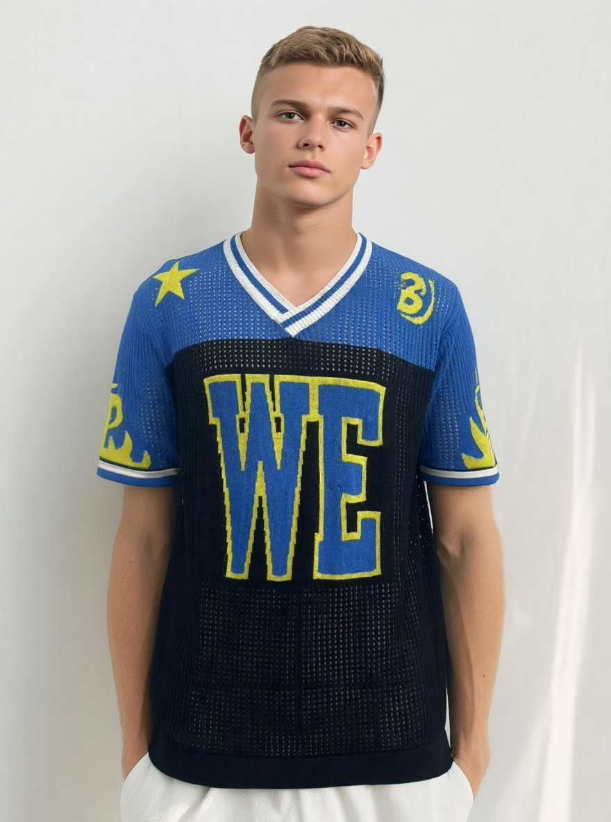 Men's Hollowed-Out  Pattern V-Neck Short Sleeve Striped See-Through Knit Top