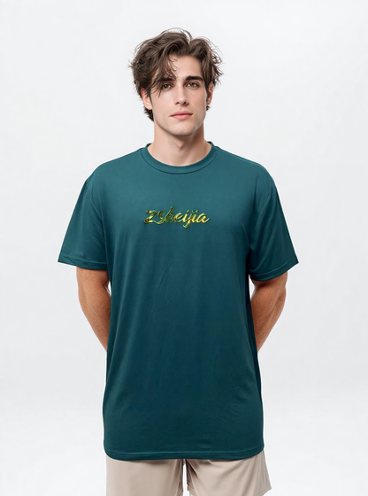 Men's green T-shirt with metallic luster letter transfer printing