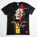 Black t-shirt with a unique abstract facial print