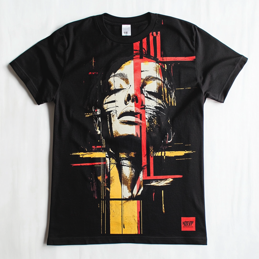 Black t-shirt with a unique abstract facial print