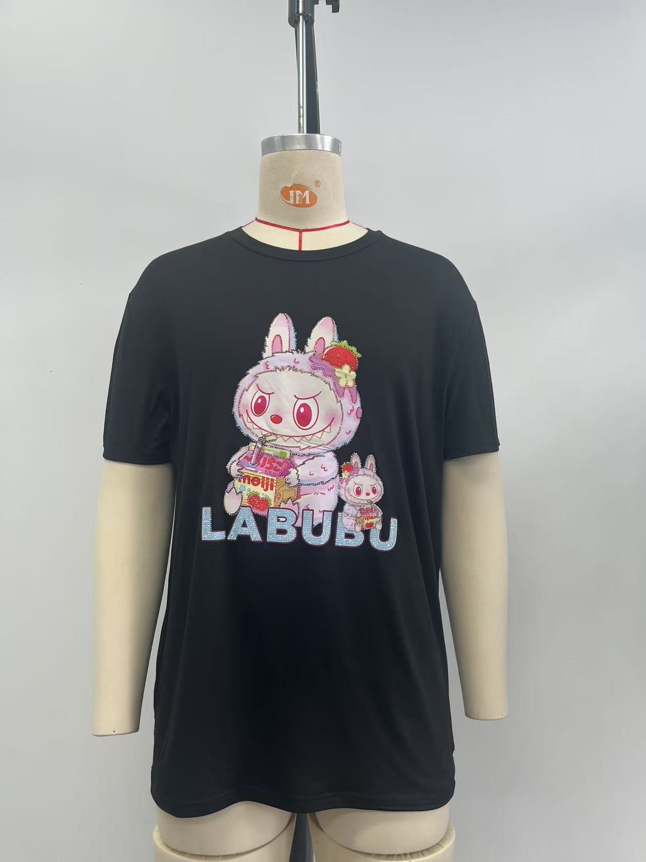 Black T-shirt with cartoon print and rhinestone embellishments