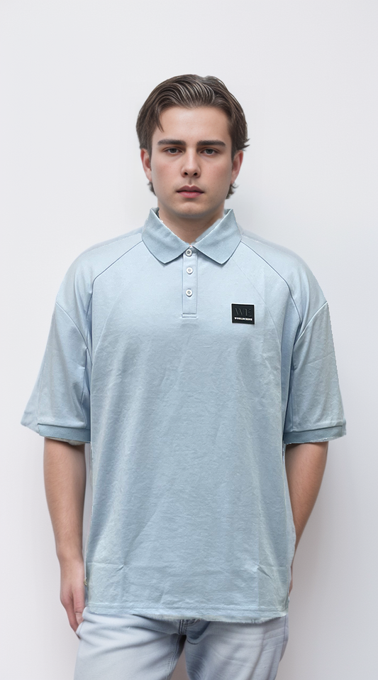 Blue polo shirt features a large number printed