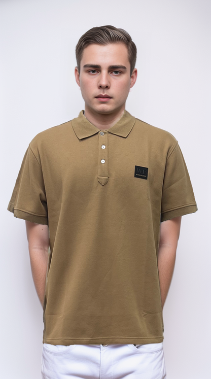 Polo shirt features a classic brown color and a genuine leather label