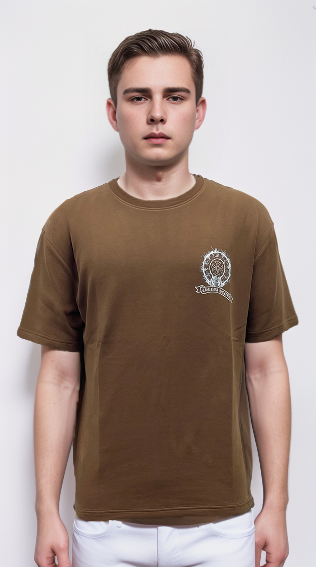 Brown t-shirt features a silver print