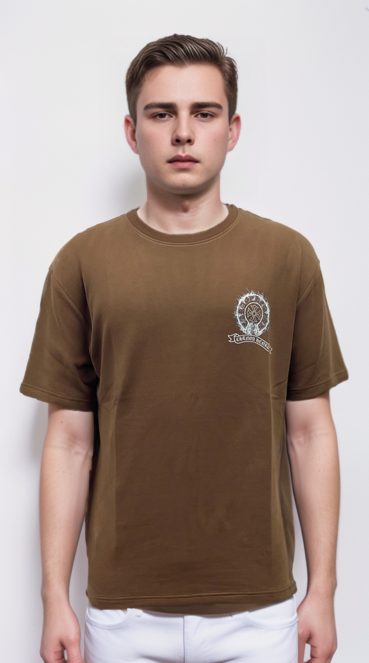 Brown t-shirt features a silver print