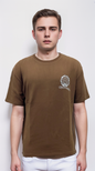 Brown t-shirt features a silver print