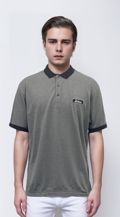 Polo shirt features a striking contrast of gray and black