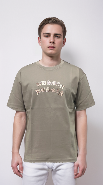 men's T-shirt features a champagne gold print